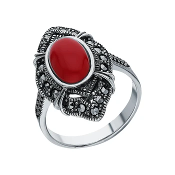 

Silver ring with marcasite and coral pressed sunlight sample 925