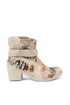 

Retro Bohemian Women Boots Printed Ankle Vintage Motorcycle Booties Pu Leather Fashion Printed Women's High Heels Pointed Toe