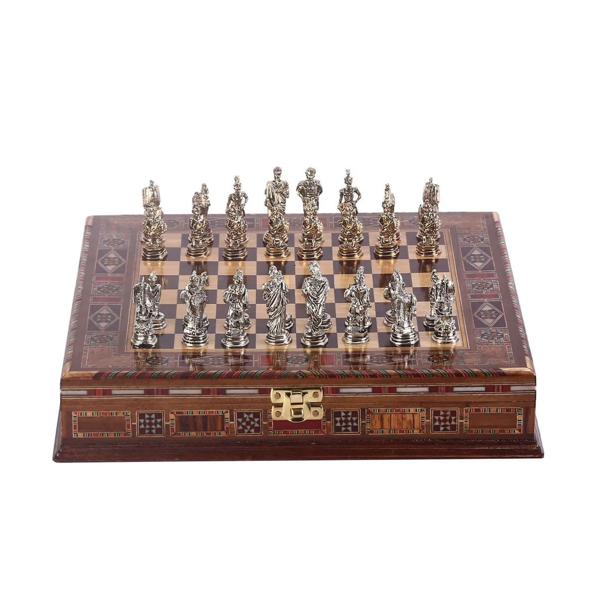 US $134.90 Historical Troy Figures Metal Chess Set Handmade Pieces Natural Solid Wooden Chessboard storage Inside Small Size King 5cm