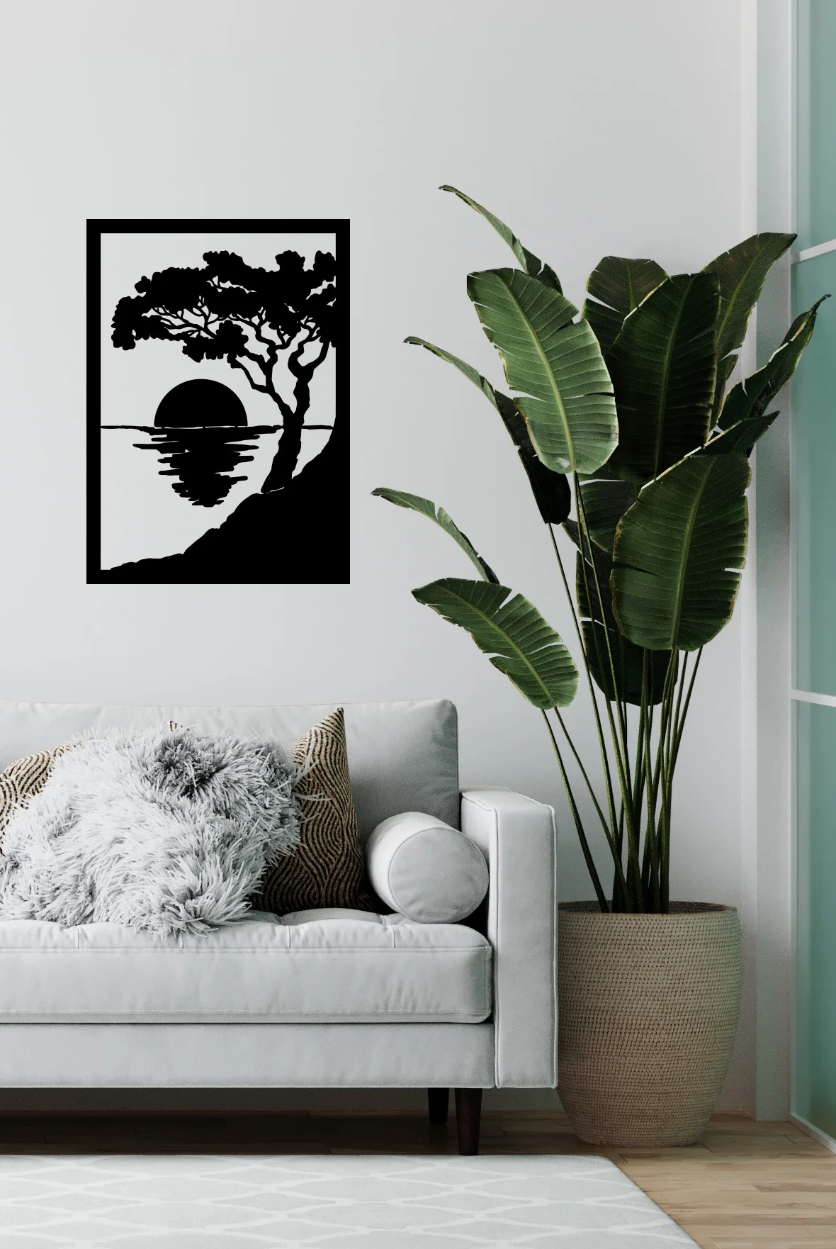 

Sunset And Tree Design Wall Decor Picture Black metal Laser Cut Sticker Ornament Painting Home Office Room Luxury Design
