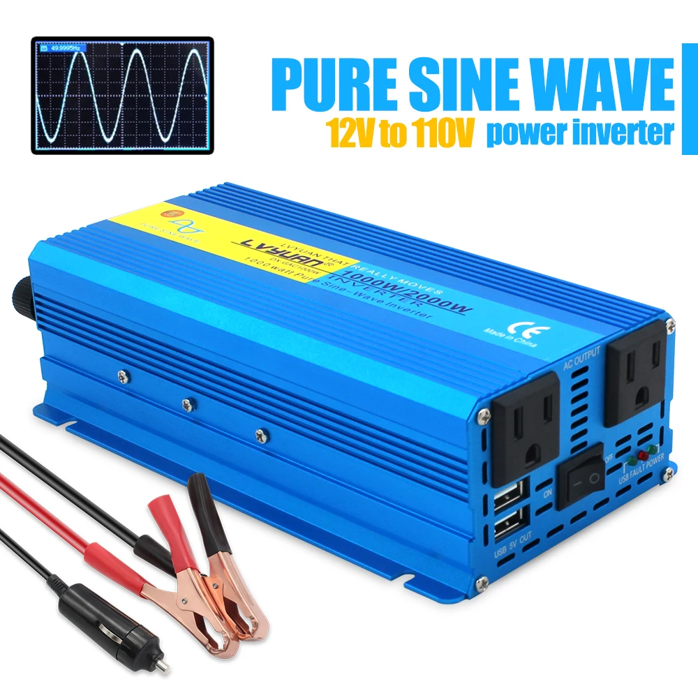 Onda Sinusoidale Pura Dc12V/24Vto 110V 220V 60Hz 1000W/2000W Dual Car Camping Boat Converter 3.1A 2 Usb Us Socket Power Inverter