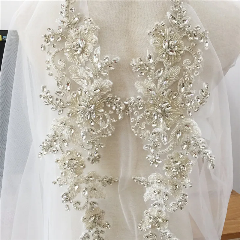 1 paar 2 Stück Handgemachte Haute Couture Blume Strass Perlen Eisen auf Applique Braut Mieder Gürtel Schärpe Hochzeit Motiv 16x44cm – Detail 7