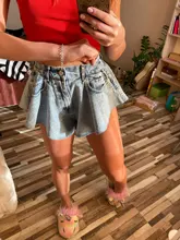 SeeBeautiful-Mini pantalón vaquero para mujer, pantalón vaquero, holgado, con bolsillos, cintura media, con cordones, para verano y otoño, 2020