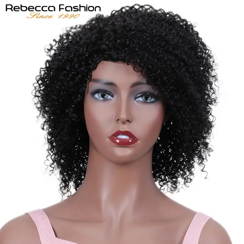 Rebecca Short Bob Wigs Afro Kinky Curly Human Hair Machine Wig Pre Plucked Bleached Knots Remy Brazilian Human Wig Nature Black