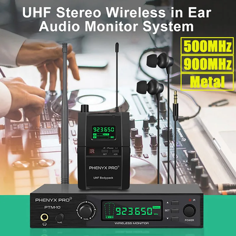 Wireless in ear monitor Phenyx Pro In Ear Monitor Wireless System UHF Stereo Audio Transmitter and Bodypack Receiver 900MHz/500MHz Metal PTM-10