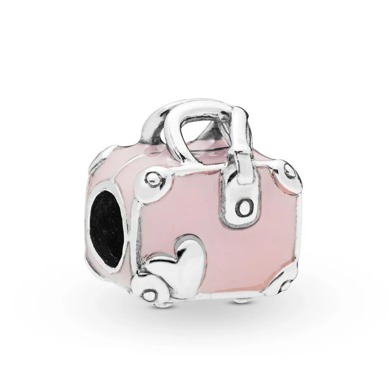 

100% 925 Sterling Silver Pink Travel Bag Charm Fit Original Beads for Pandora Bracelet Jewelry Making