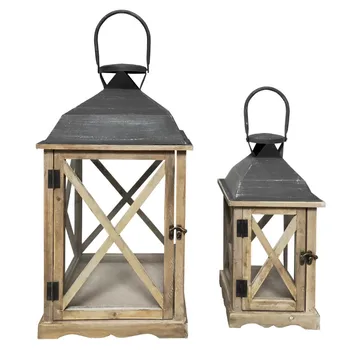

Rebecca Mobili 2 Large Lanterns Candle Holders Metal Glass Wood Gray 52x28x28