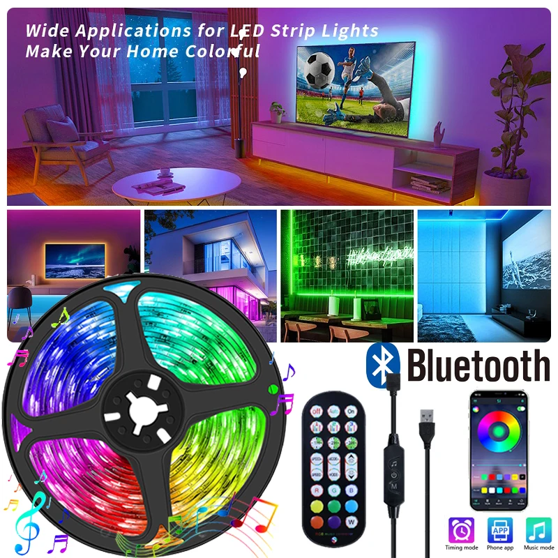 LED Strip Lights RGB APP Control Color Changing Lights with 24 Keys Remote 5050 Mode for Room Decoration Bluetooth TV Background rgb 5050 neon usb room decor music mode for tv background bluetooth led lights with 44 keys remote tape for bedroom decoration