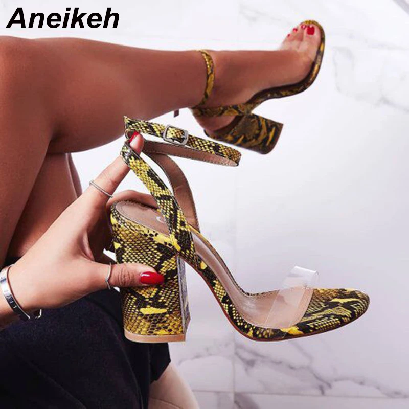 

Aneikeh 2020 Fashion PVC Sandals Shoes Woman Green Serpentine Peep Toe High Heels Sandals Summer Ankle Buckle Party Dress Shoes