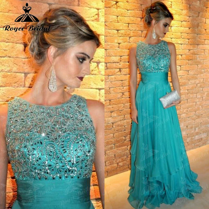 Vestidos largos de chiffon con tirantes de encaje y lazo de cinturón Turquesa Tallas Grandes