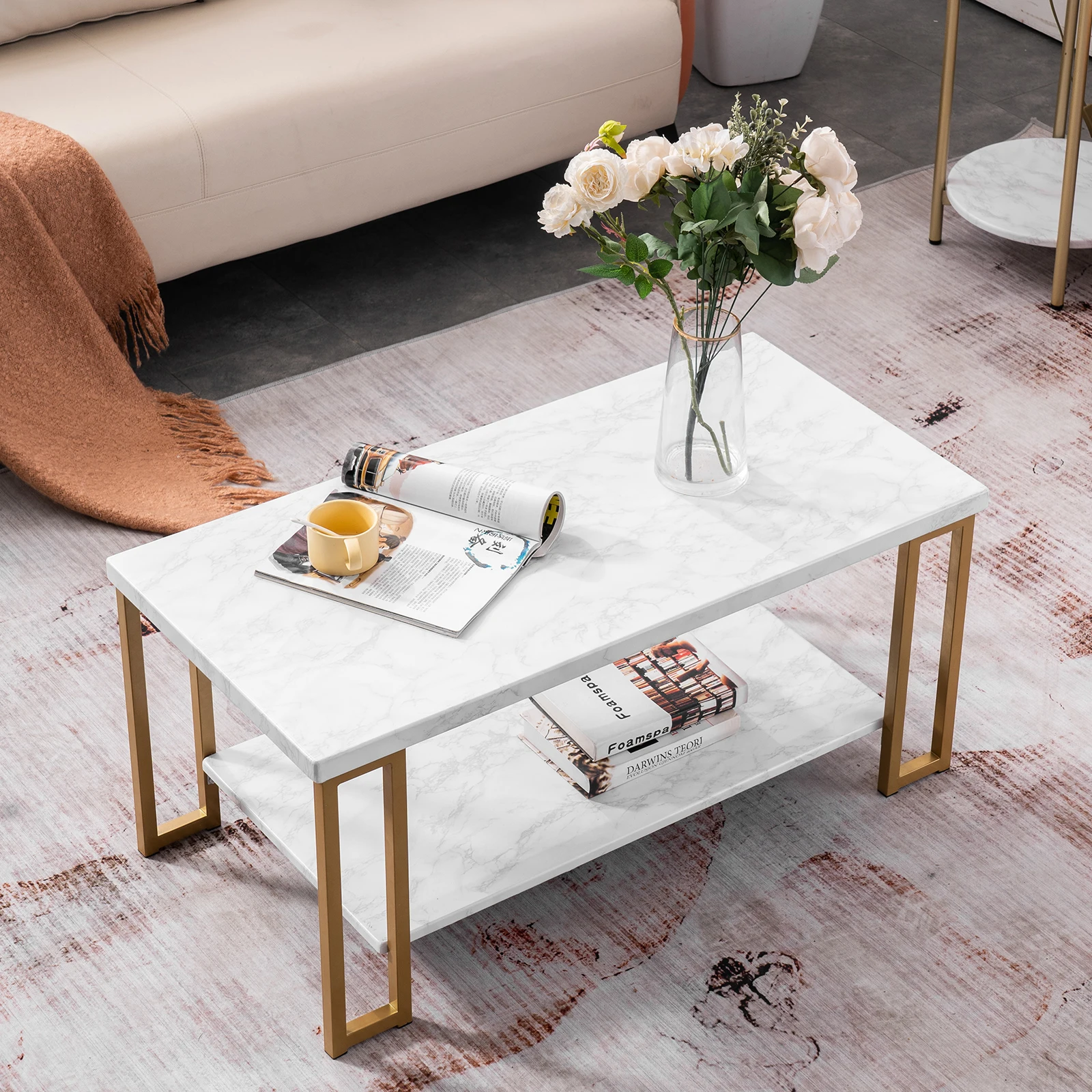 YYAO Side Tables Layers 1.5cm Thick MDF Imitation Marble Rectangle  Tabletop Iron Coffee Table White as Console Table,Entry Way Table,Hall  Table,Disp