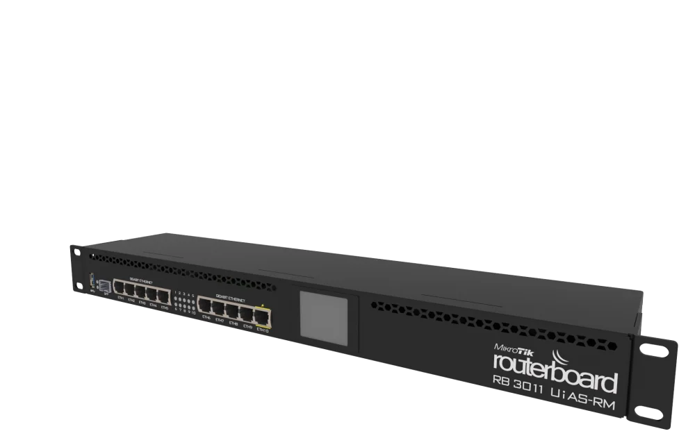RB3011UiAS-RM 1U стойка, 10-гигабитный Ethernet, SFP, USB 3,0, ЖК-экран, выход PoE на порт 10, 2x1,4 ГГц ЦП, 1 ГБ ОЗУ, маршрутизаторы L5 - изображение