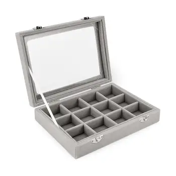 

12 Grid Jewelry Tray With Transparent Glass Lid Showcase Display Storage Box Earrings Rings Organizer Jewellery Case Storage