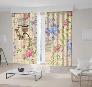 

Curtain Bicycle and Roses Image on Torn Newspaper Nostalgic Romantic Decorative Beige Pink Blue Green Postcard Art Printed