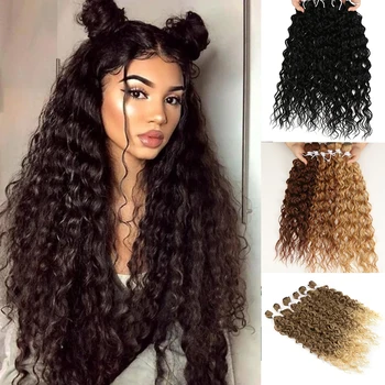 

Afro Kinky Curly Hair Bundles For Black Women Synthetic Hair Extensions Ombre Brown 24-28 inch 6 Pcs Heat Resistant Classic Plus