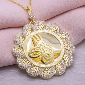 

925 Sterling Silver Gold Plated Tuğralı Round Necklace Model 1