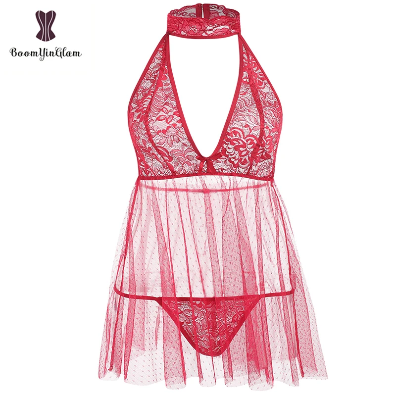 

Halter Neck Women Babydoll Sexy Lingerie Lace Sleepwear Nightwear Set With Collar 1021#