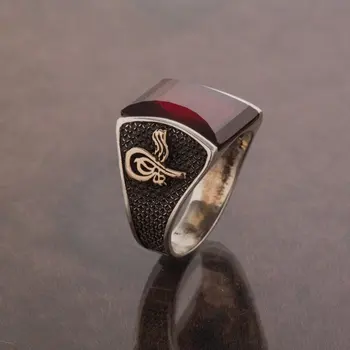 

925 Sterling Red Zircon Stone Tugra Patterned Silver Ring Fashion Turkish Premium Quality Handmade Jawelery