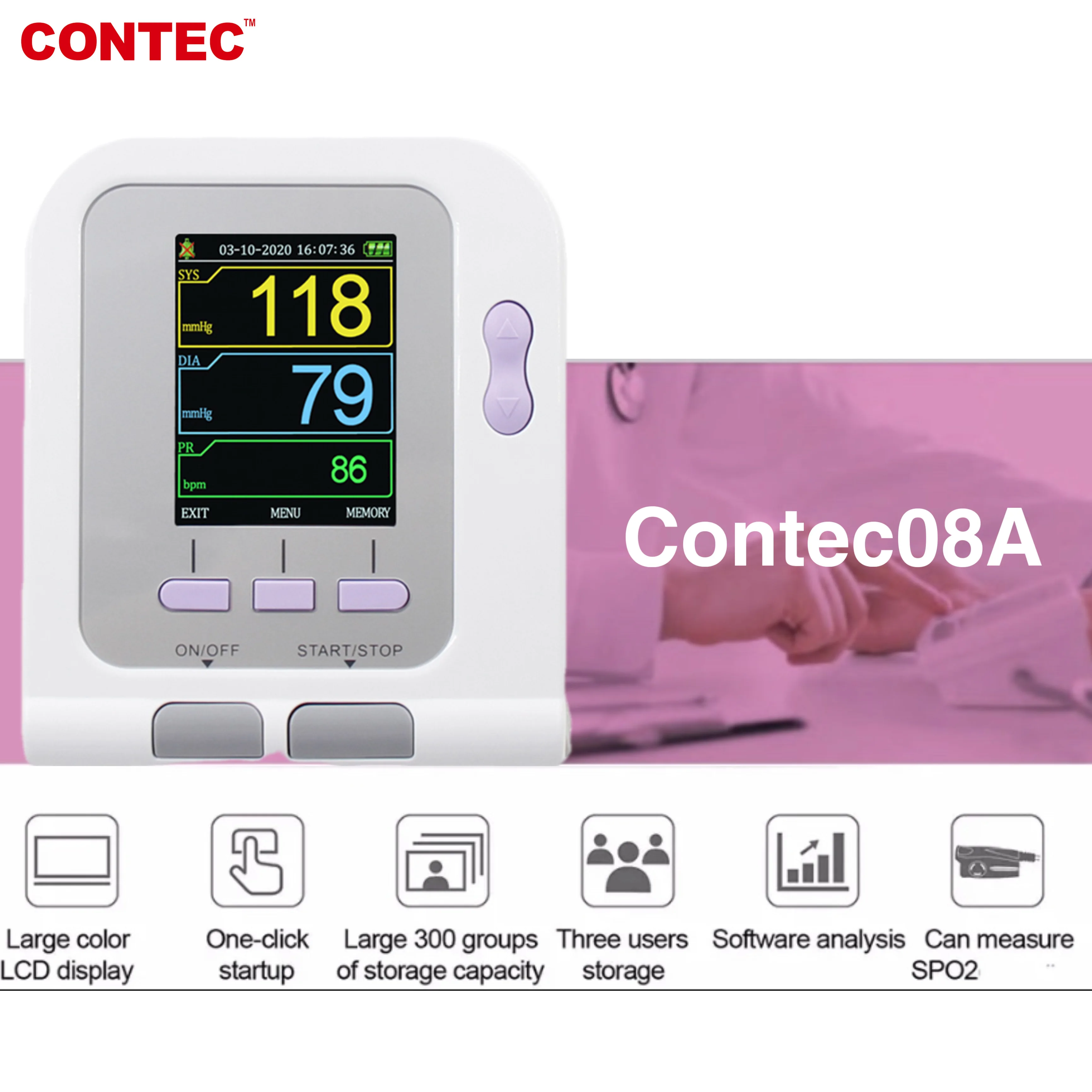 Contec CE Digital Blood Pressure Monitor Contec08A+ Adult SPO2 Sensor 4 CuffS &software(Download Online)