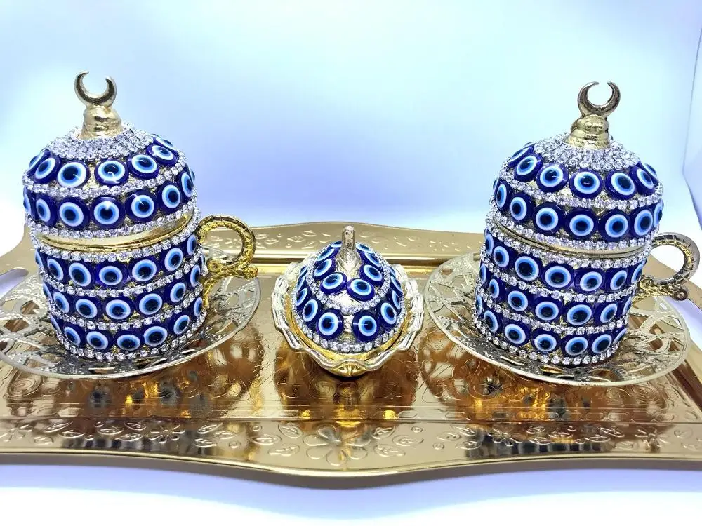 

Evil Eye Design Two Cups and Candy Pot Set of Golden Color Ottoman Turkish Greek Arabic Coffee Espresso Serving Cup Saucer Set