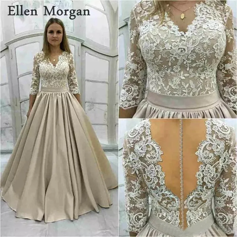 

Champagne Satin 3/4 Long Sleeves Wedding Dresses 2019 Appliques Lace V neck Floor Length Puffy Belts Custom Made Bridal Gowns