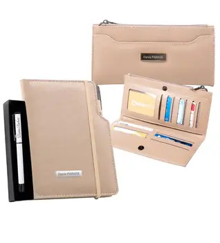 

Personalized Beige Lady Wallet & Metal Roller Pen & Faux Leather Notebook