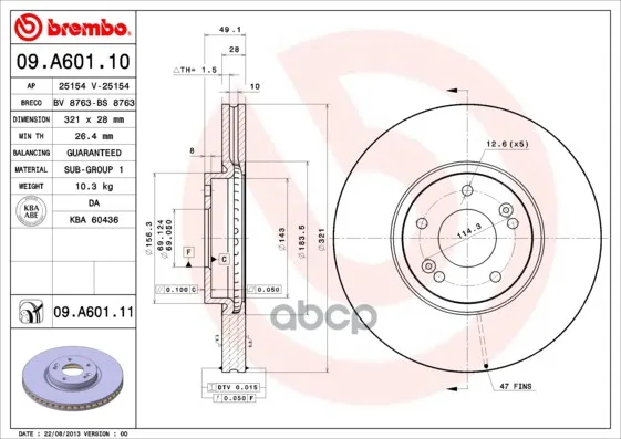 Диск Тормозной Передн Hyundai: Santa Fe 06- Brembo арт. 09.A601.10