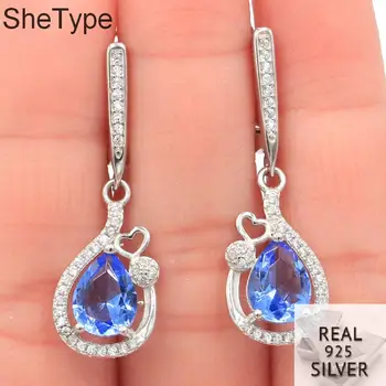 

34x11mm Hot Sell 4.58g Drop Shape Created Rich Blue Violet Tanzanite Gift For Girls 925 Solid Sterling Silver Earrings