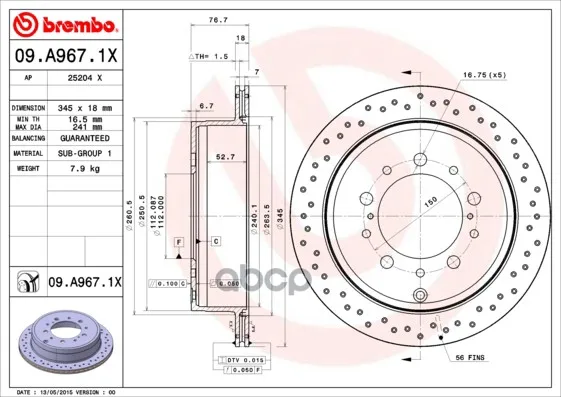 Диск Тормозной Задний Lexus Lx(Urj201)(11/07-) R / Toyota Land Cruiser(Vdj20, Uzj20)(08/07-) R Brembo арт. 09.A967.1X