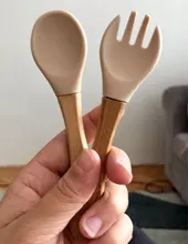 Bopoobo-tenedor de bambú para bebé, cuchara de alimentación de bebé de madera de silicona, accesorios de alimentación para niños pequeños, grado alimenticio orgánico sin BPA, 2 uds.