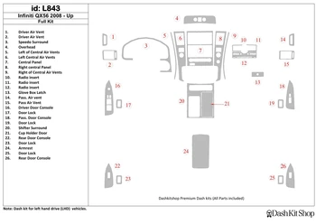 

Interior trim for Infiniti QX56 2008-UP. Set L843.