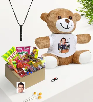 

Personalized Mr Radio Broadcaster Caricature Of Nostalgic Lezzetler Plush Teddy Bear Black Bar Necklace Gift set