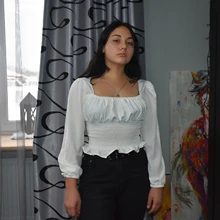 Short Blouses Womens Tops Long-Sleeve Vintage Square-Collar Casual Simple New Bow Solid