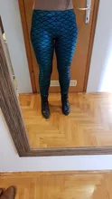 Mallas de estiramiento fino con estampado a escala de pescado para mujer, pantalones brillantes con dibujo de sirena