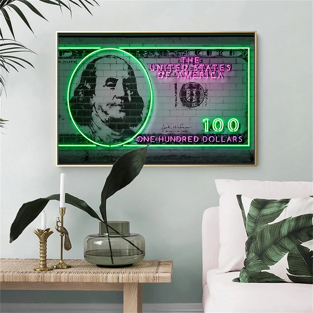 

Неоновая Картина на холсте с принтом денег, современный поп-постер, печать, украшение для дома, картина подходит для гостиной, спальни, без р...