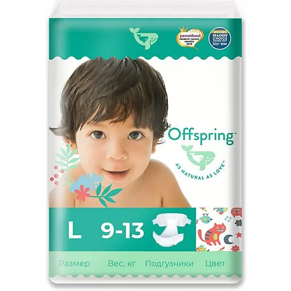 Эко-подгузники Offspring Котики L 9-13 кг., 36 шт