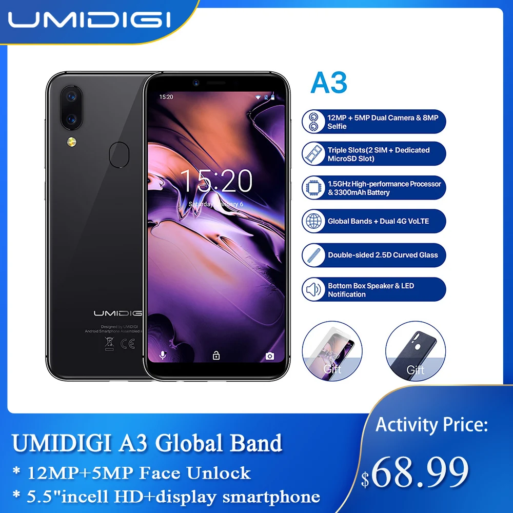 UMIDIGI A3 2 ГБ+ 16 ГБ Android 9,0 глобальная полоса 5," incell HD+ дисплей смартфон четырехъядерный 12 Мп+ 5 Мп разблокировка лица двойной 4G мобильный телефон