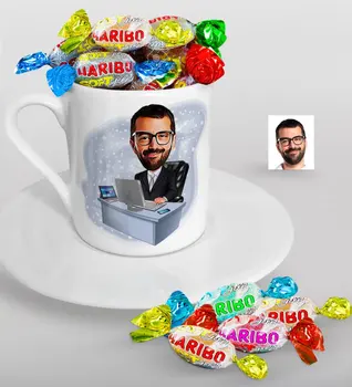 

Personalized Mr General Manager Caricature Of Turkish Coffee cup And Haribo Candy Gift Seti-1