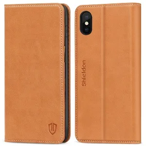 Чехол-Кошелек SHIELDON для iPhone XS, 【натуральная кожа, kickstand【card slets【rfid blocking】【авто сон/wake】чехол для iPhone XS - Цвет: Brown