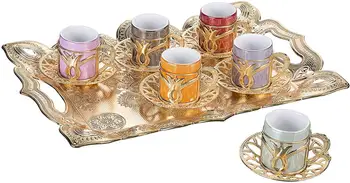 

(Set of 6) Demmex Turkish Greek Arabic Coffee Espresso Demitasse Cup Saucer Set with Tray and Spoons, Multicolor 2 Oz Cups