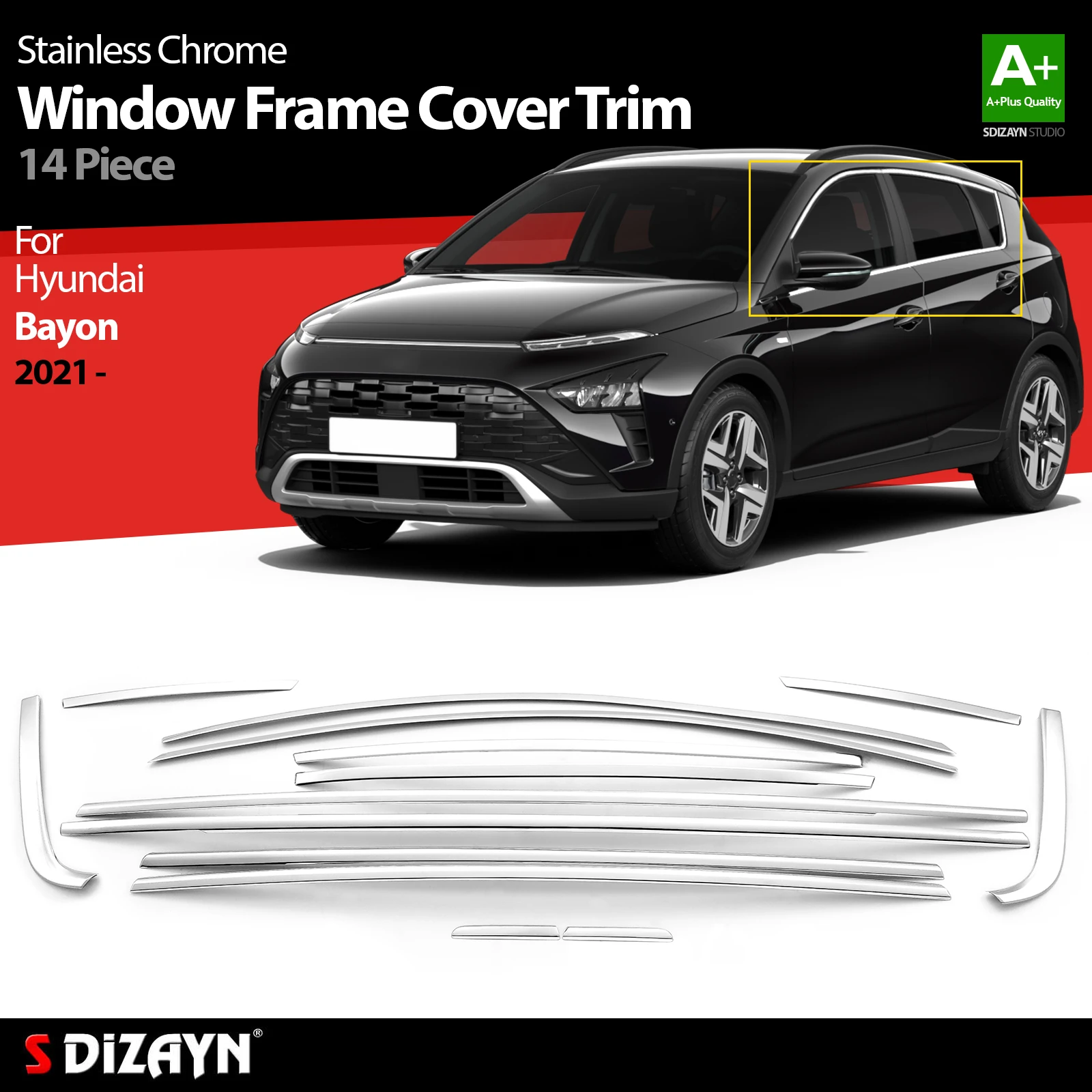 

S Dizayn For Hyundai Bayon Chrome Window Frame Cover Trim Stainless Steel 14 Pcs Exterior Car Accessories Parts Auto Products