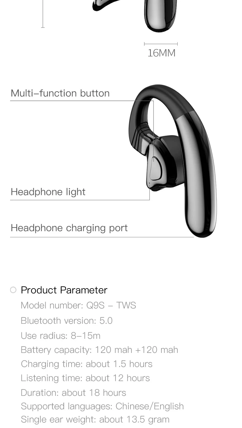 Q9S TWS Bluetooth V5.0 Bluetooth наушники спортивные Hifi наушники Беспроводная гарнитура ушные крючки для телефона