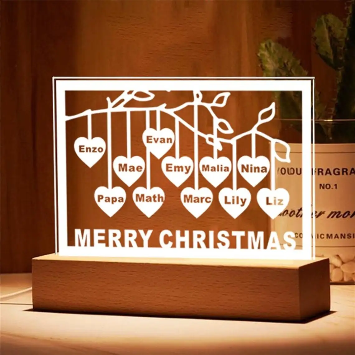 Personalized Family Tree Night Light Heart Names up to 12 Names USB Led Wooden Base Lamp for Mother’s Day Christmas Mom Gift