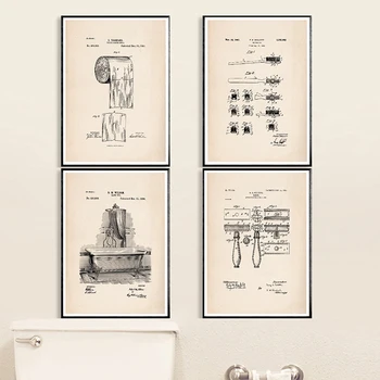 

Bathroom Patent Vintage Posters and Prints Toilet Paper Roll Toothbrush Razor Bathtub Wall Art Canvas Painting Bathroom Decor