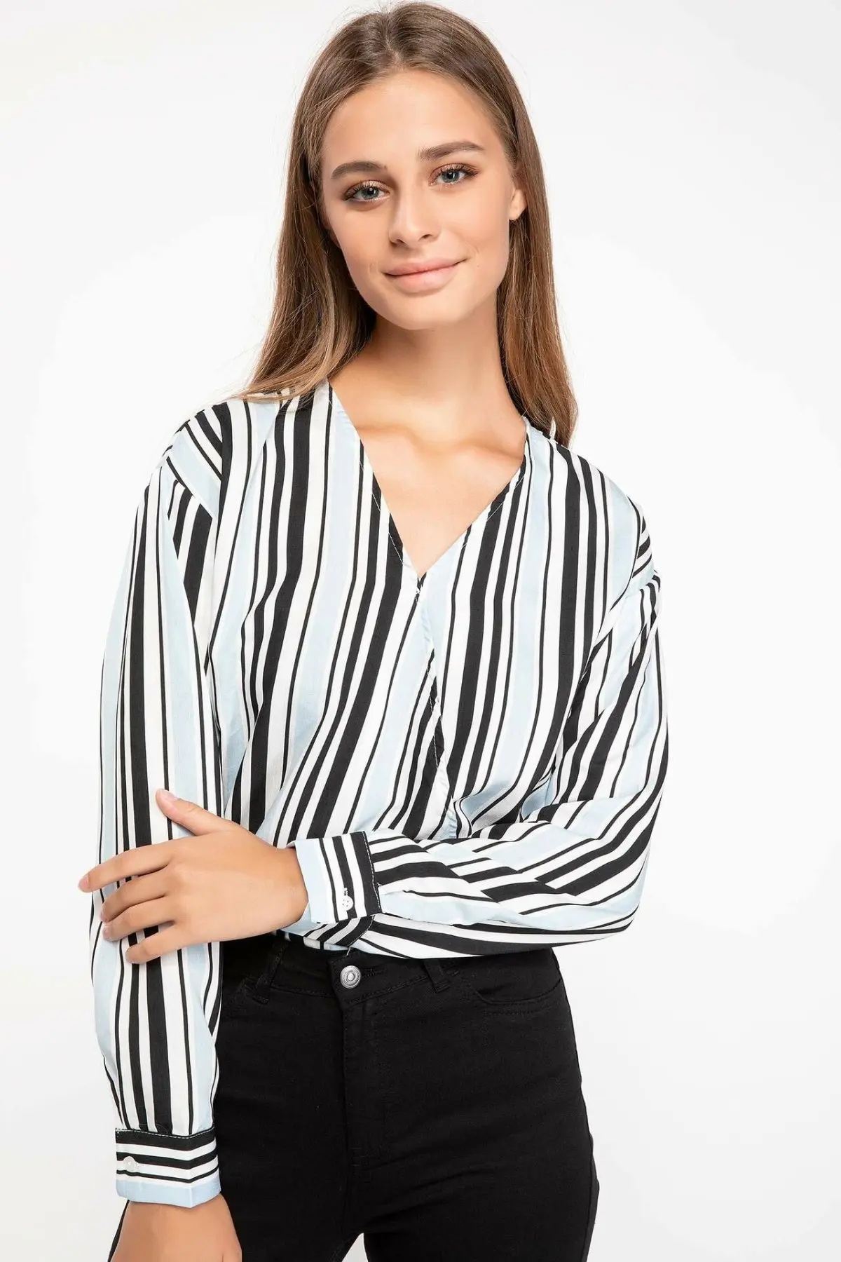  DeFacto Fashion Woman V-neck Long Sleeve Blouse Female Striped Loose Charming Chiffon Shirts Ladies