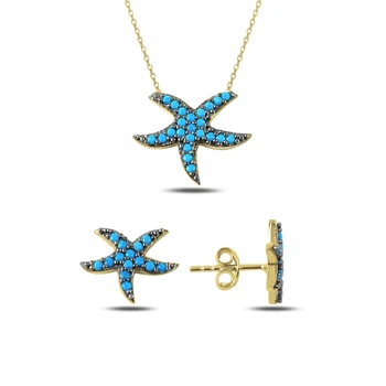 

Kutaydan Nano Turquoise Stone Sea Star 925 Sterling Silver Set Made in Turkey