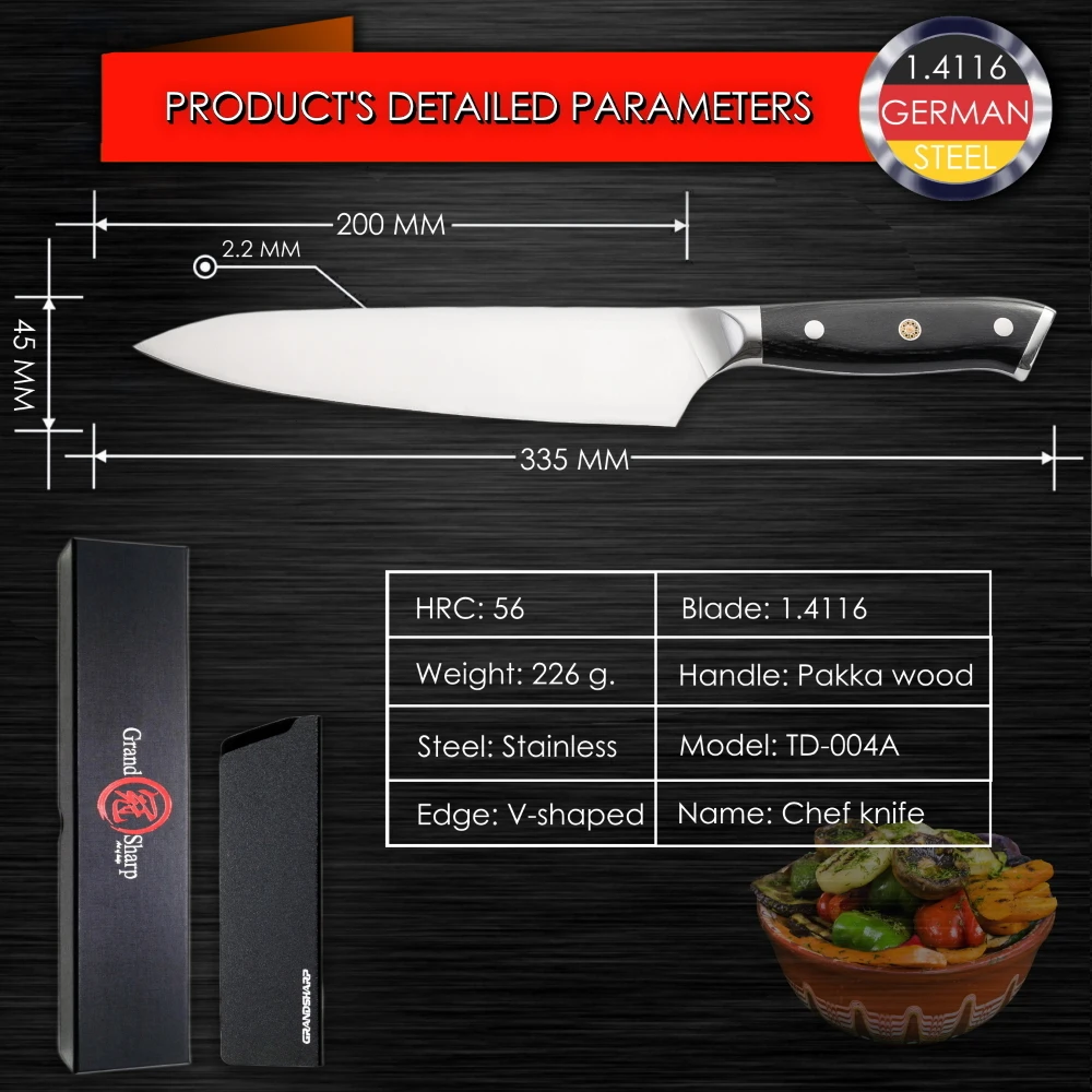 Grandsharp кухонные ножи Германия 1,4116 высокоуглеродистая Нержавеющая сталь Santoku склеивание инструменты для домашнего приготовления японский нож - Цвет: 8 inch chef