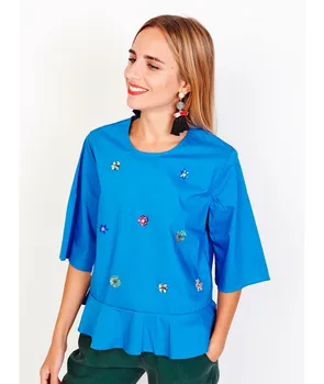 

BLUE blouse women BLOUSE L & M devon CONTRAST color blue short sleeve WOMEN'S shirts woman Vogue 2020 blouses