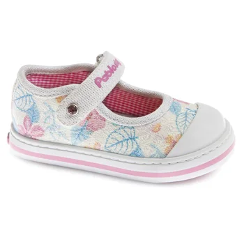 

Pablosky 961400 White 961420 Navy-Canvas Slipper Canvas Mercedita blanca's and Navy Blue with print undershirt Flowers