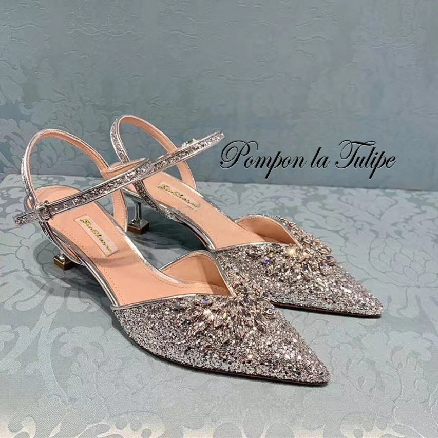 

MNK 930016 Glitter Rhinestone Slingback Pointed Toe Elegant Sheepskin Pumps 5.5CM Chic Stilettos Fancy Party Wedding Women Shoes